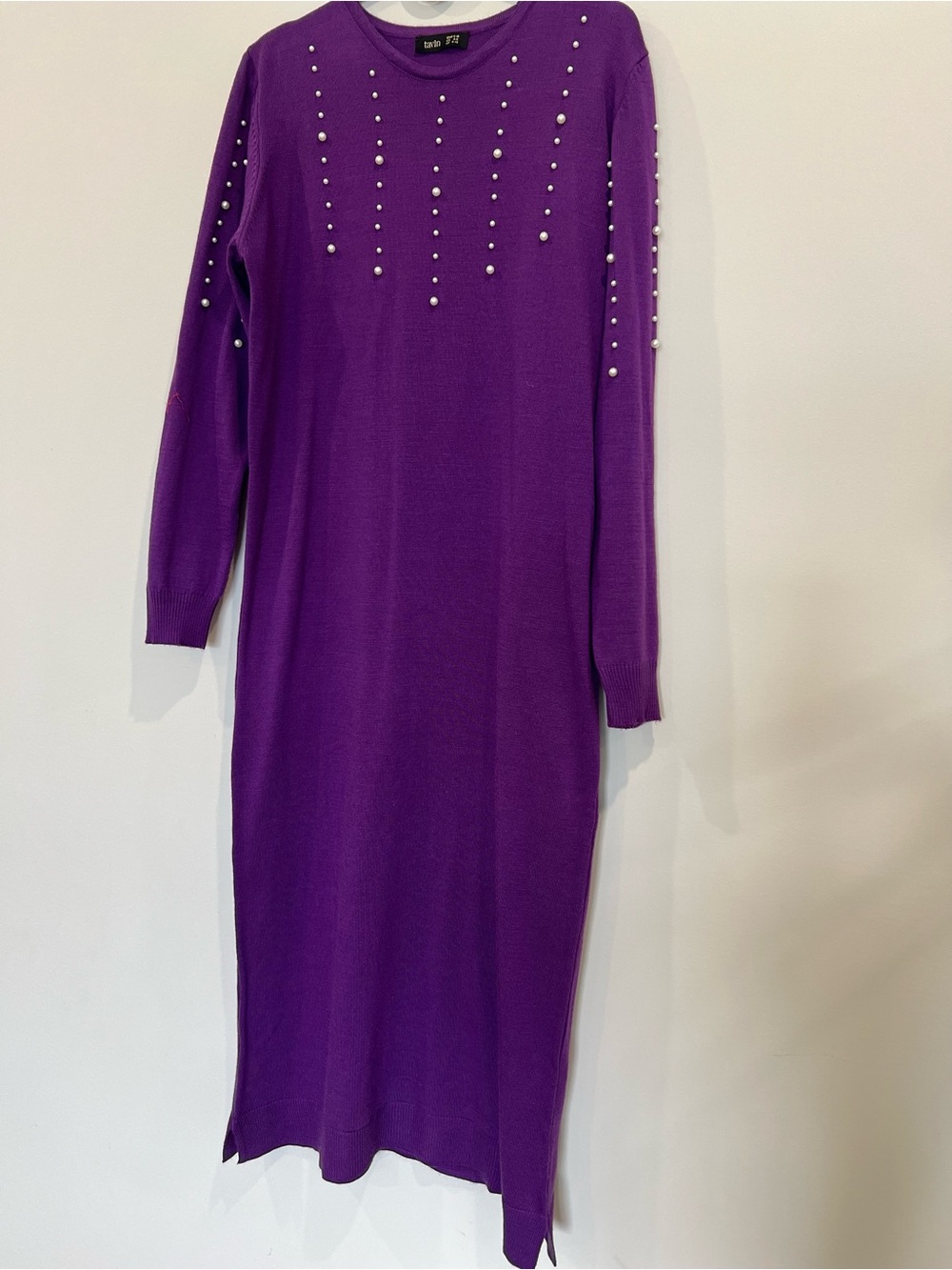 Purple Long Sleeve Pearl-Accent Knit Dress